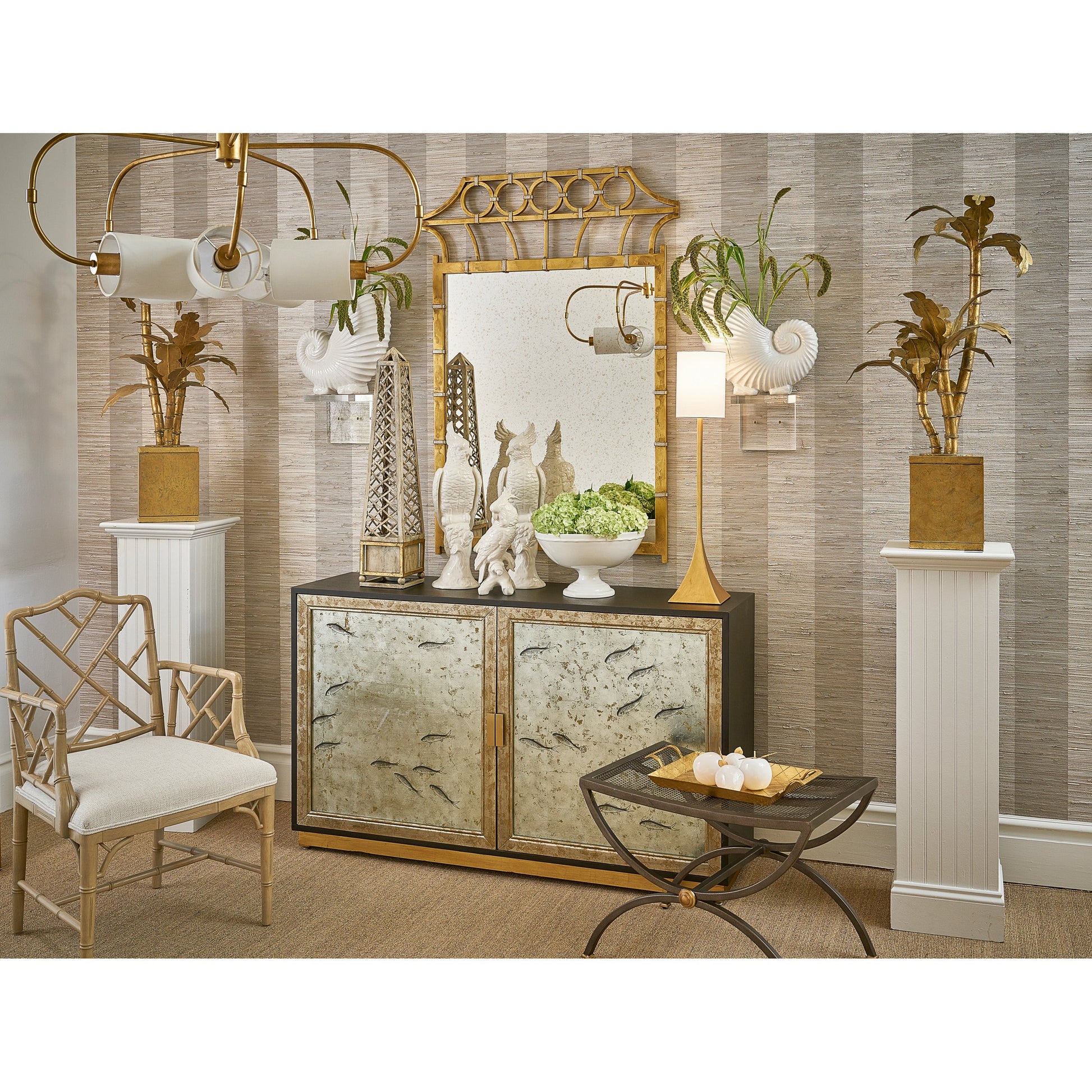 Chinoiserie Cabinet by Chelsea House in walnut, silver leaf. Made from wood, glass in a modern style.