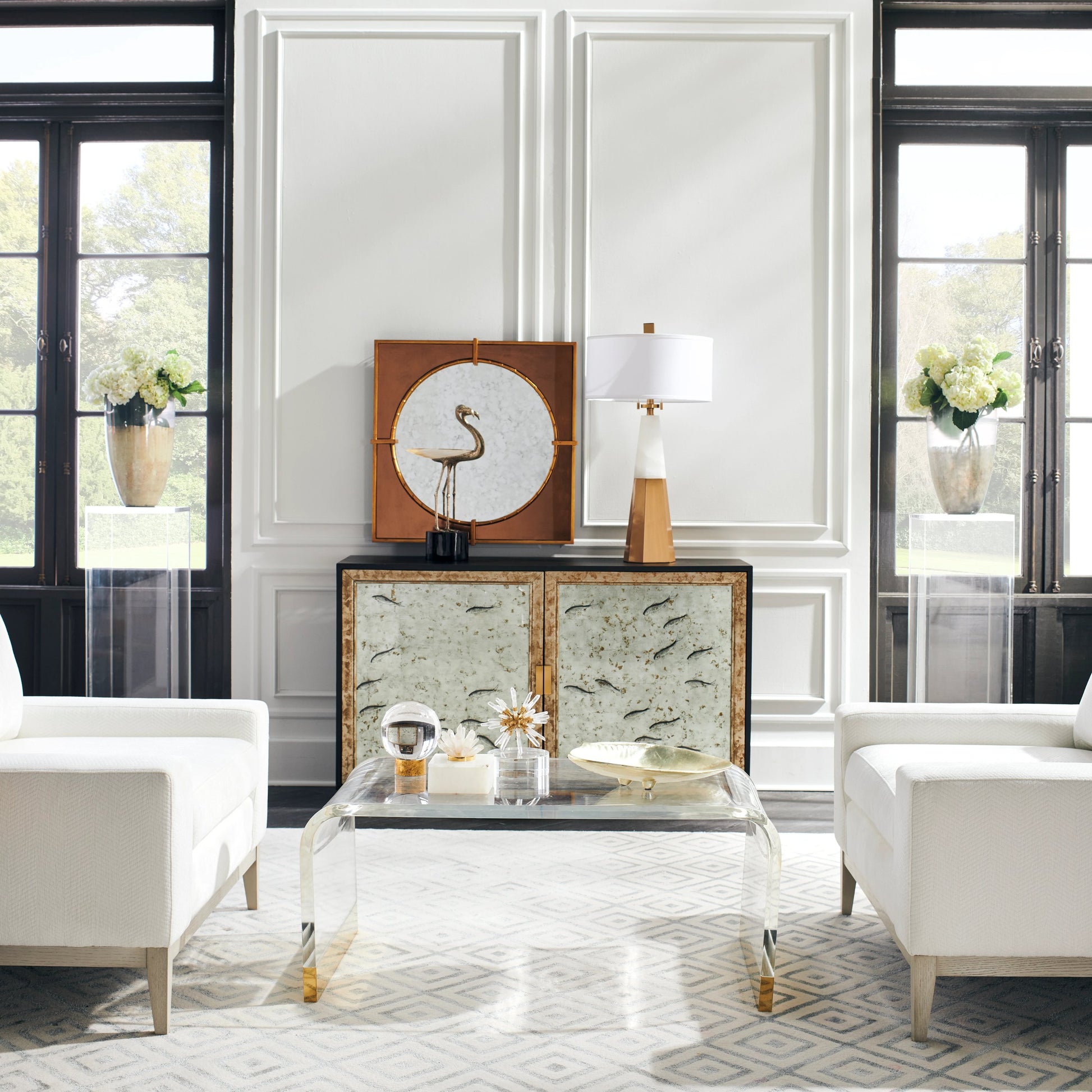 Chinoiserie Cabinet by Chelsea House in walnut, silver leaf. Made from wood, glass in a modern style.