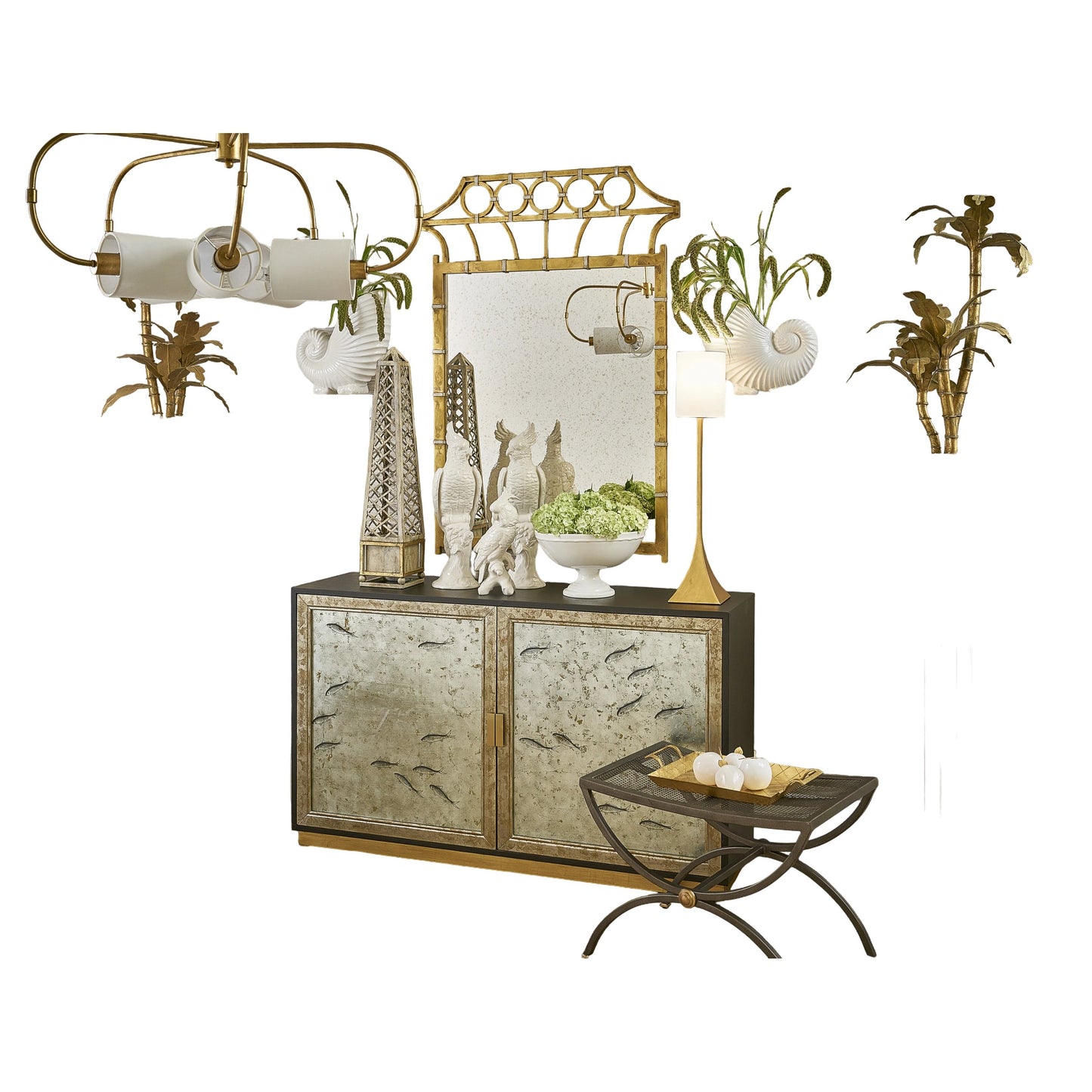 001 SR-382287 | Primary Silo | Chinoiserie Cabinet by Chelsea House in walnut, silver leaf. Made from wood, glass in a modern style.
