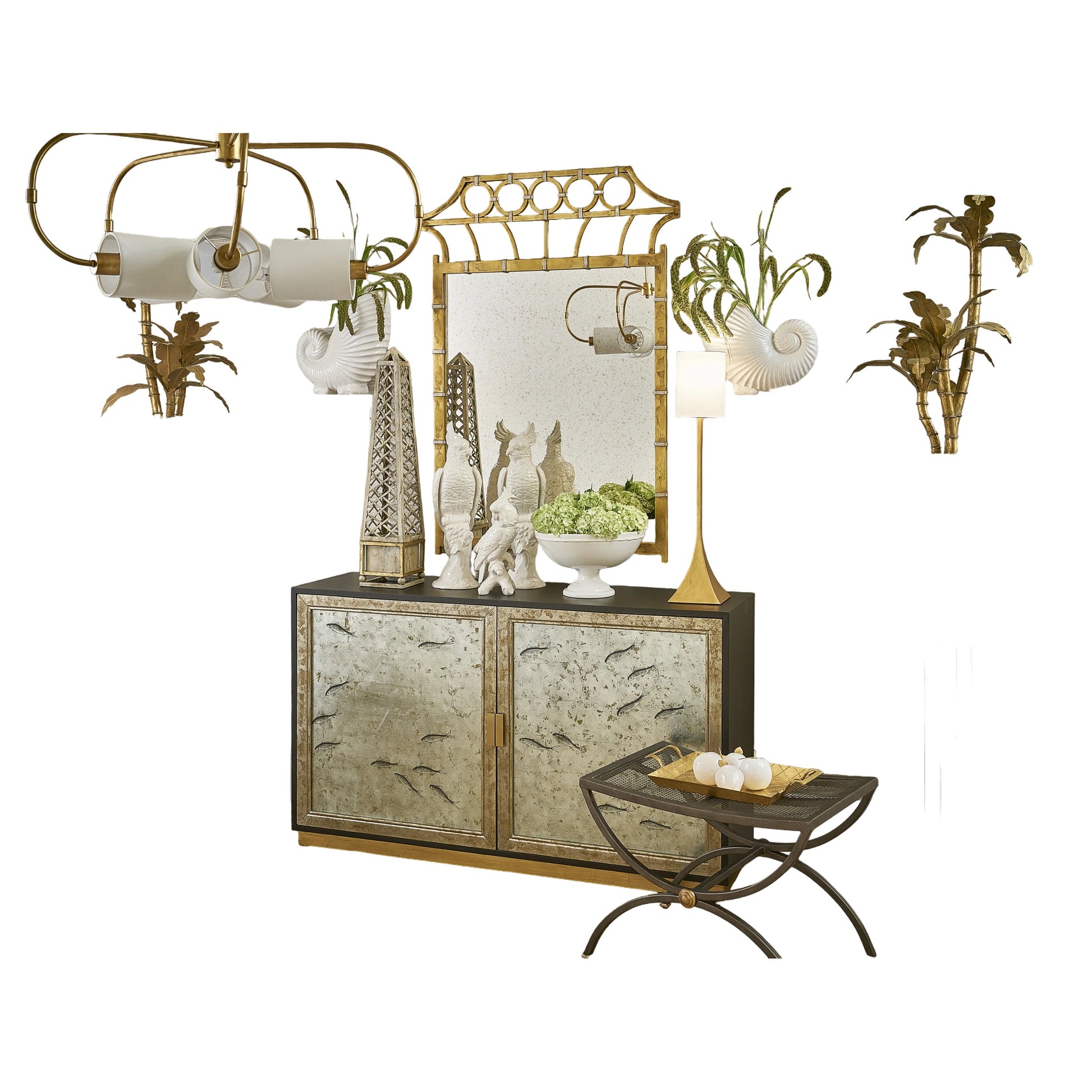 Chinoiserie Cabinet by Chelsea House in walnut, silver leaf. Made from wood, glass in a modern style.