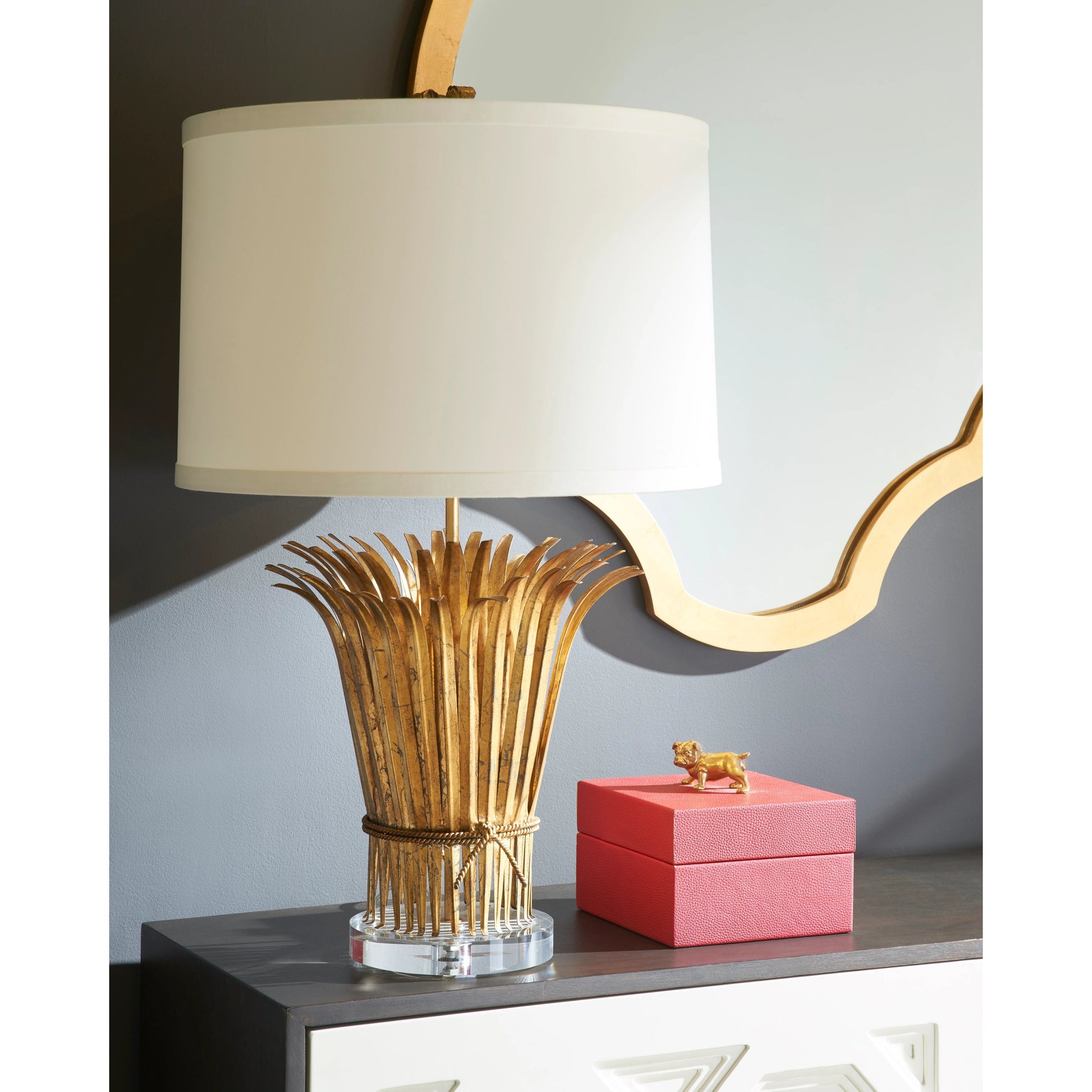 Myrtle Grove Mirror by Chelsea House in antique gold leaf, clear. Made from iron, mirror in a transitional style.