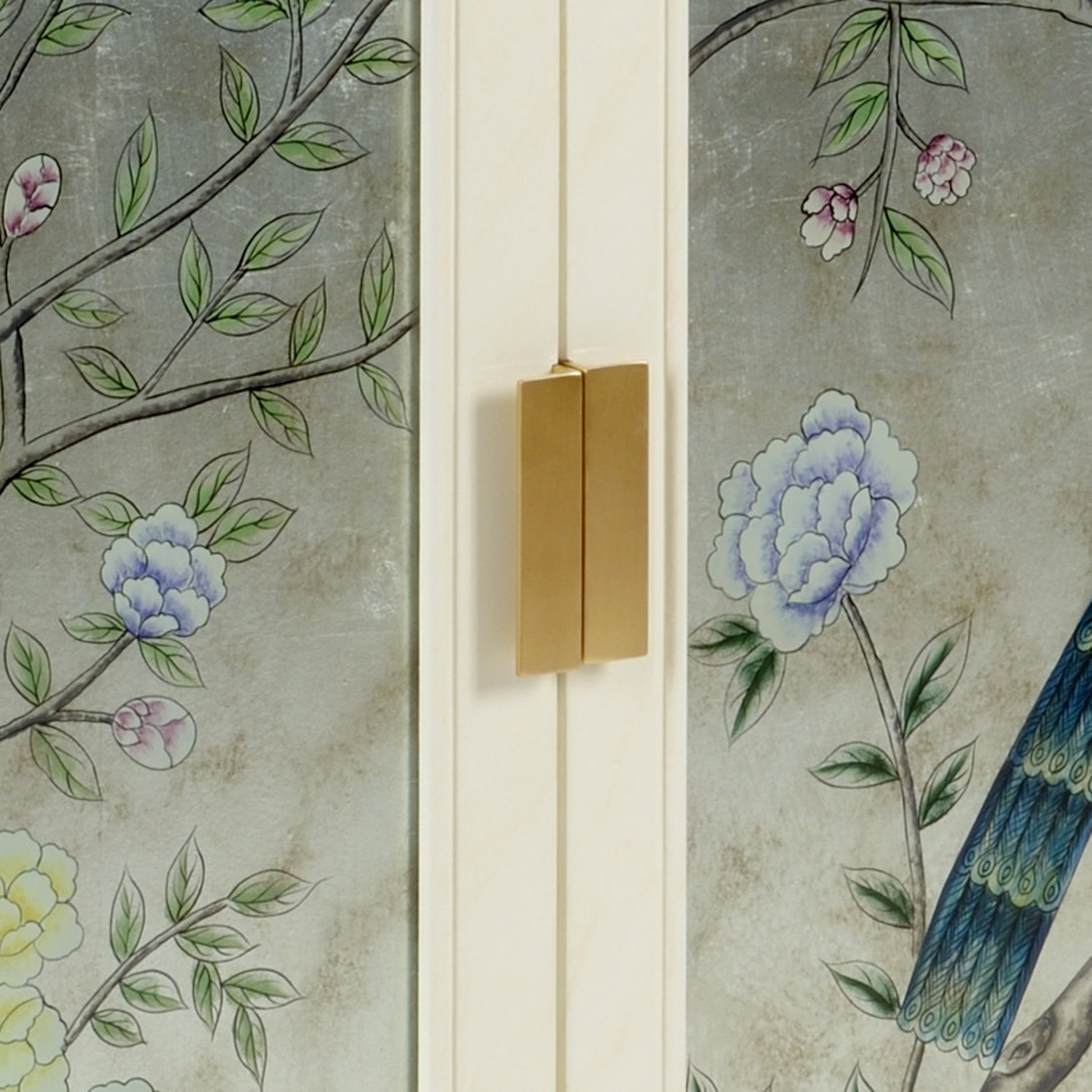 Chinoiserie Cabinet by Chelsea House in walnut, silver leaf. Made from wood, glass in a modern style.