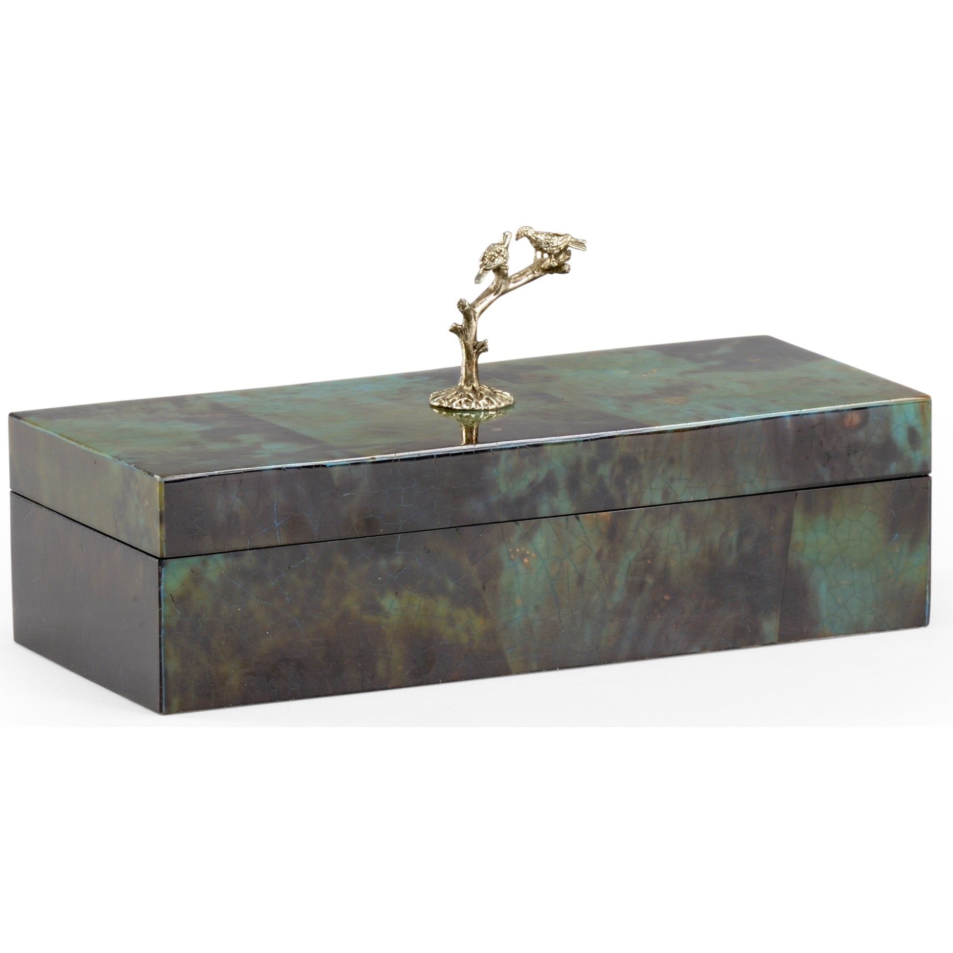 Bird Handle Box by Chelsea House in tiger pen shell, silver plated. Made from wood, brass in a transitional style.