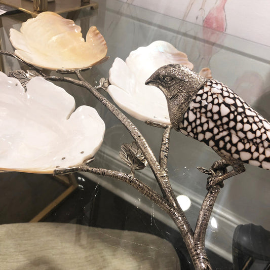 Bird and Shell Tray by Chelsea House in white, silver. Made from shells, brass in a transitional style.