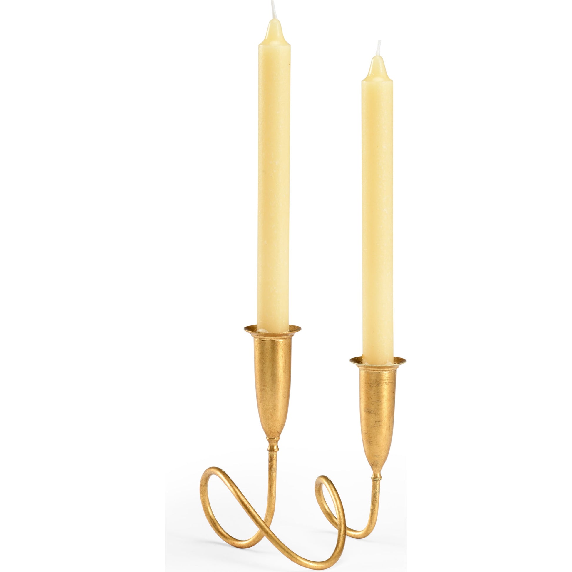 Gold Fortnum Candlestick by Chelsea House in antique gold leaf. Made from metal in a transitional style.