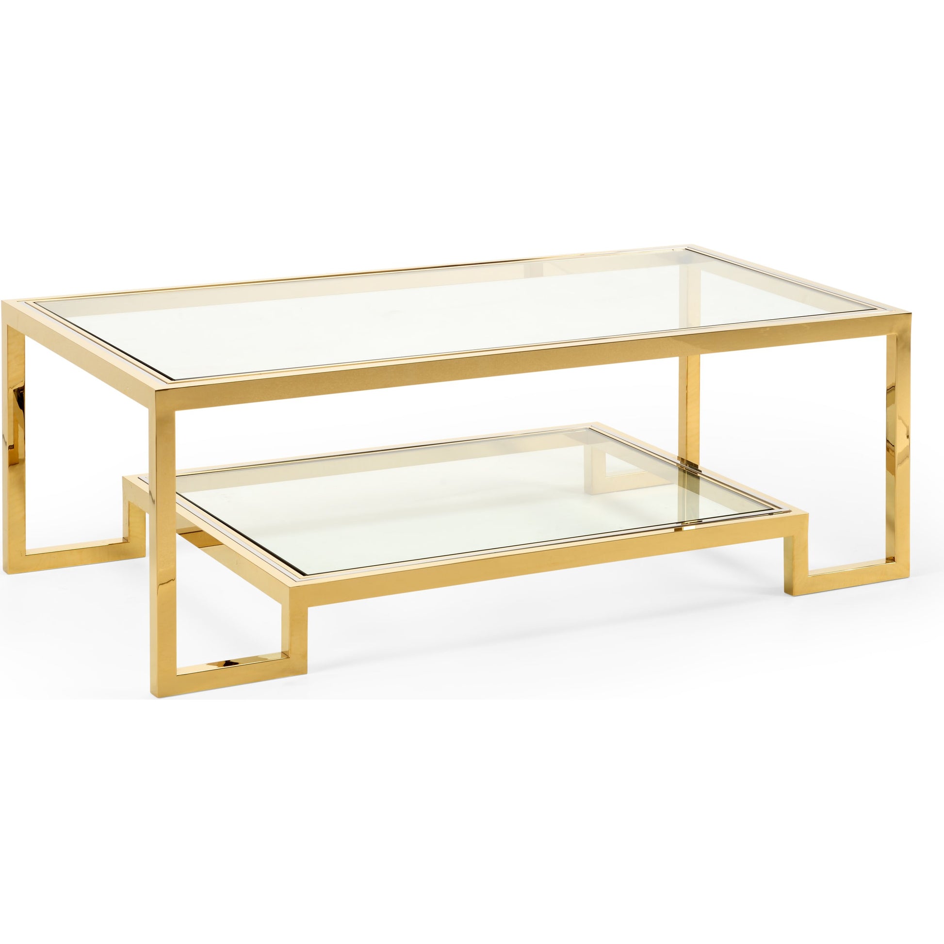 Dasher Cocktail Table by Chelsea House in antique brass, clear. Made from metal, glass in a transitional style.