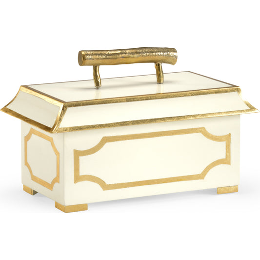 Tole Pagoda Box by Chelsea House in white, gold. Made from wood, metal in a transitional style.