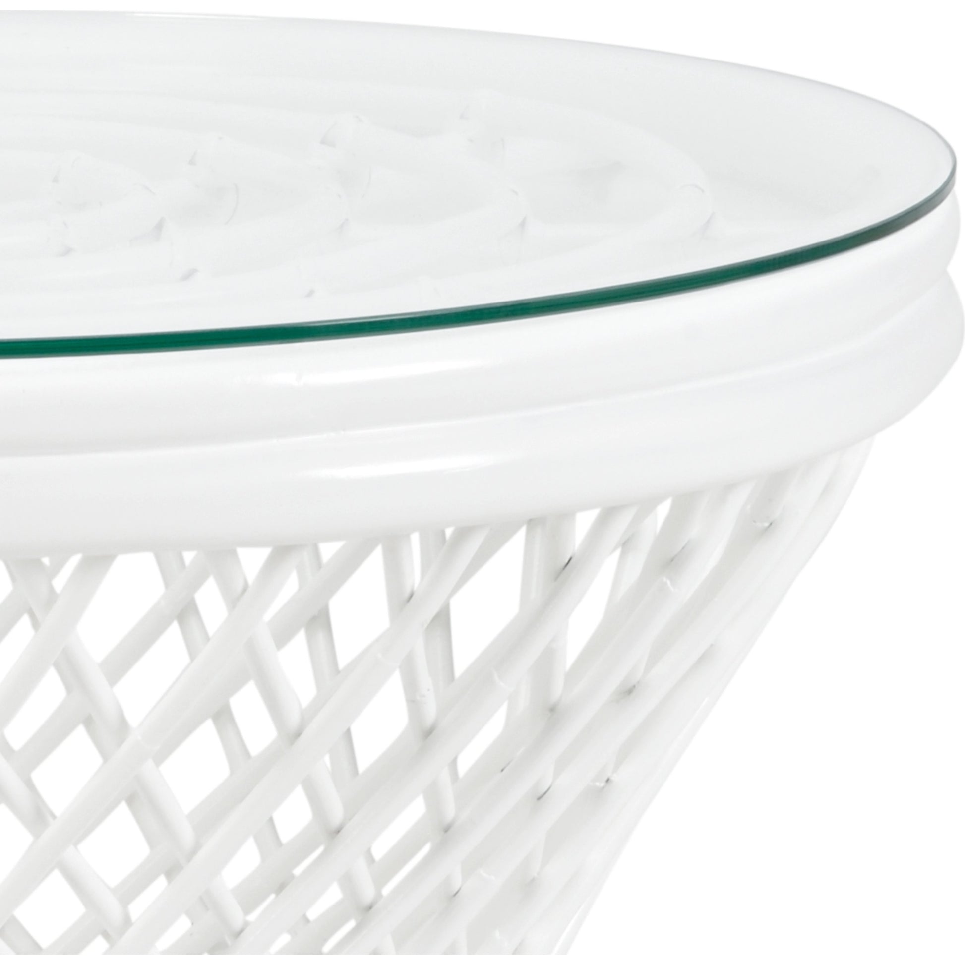 Rattan Side Table by Chelsea House in matte white, clear, plain. Made from rattan, glass in a coastal style.