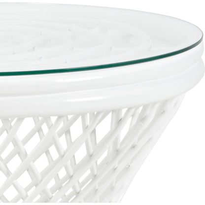 Rattan Side Table by Chelsea House in matte white, clear, plain. Made from rattan, glass in a coastal style.