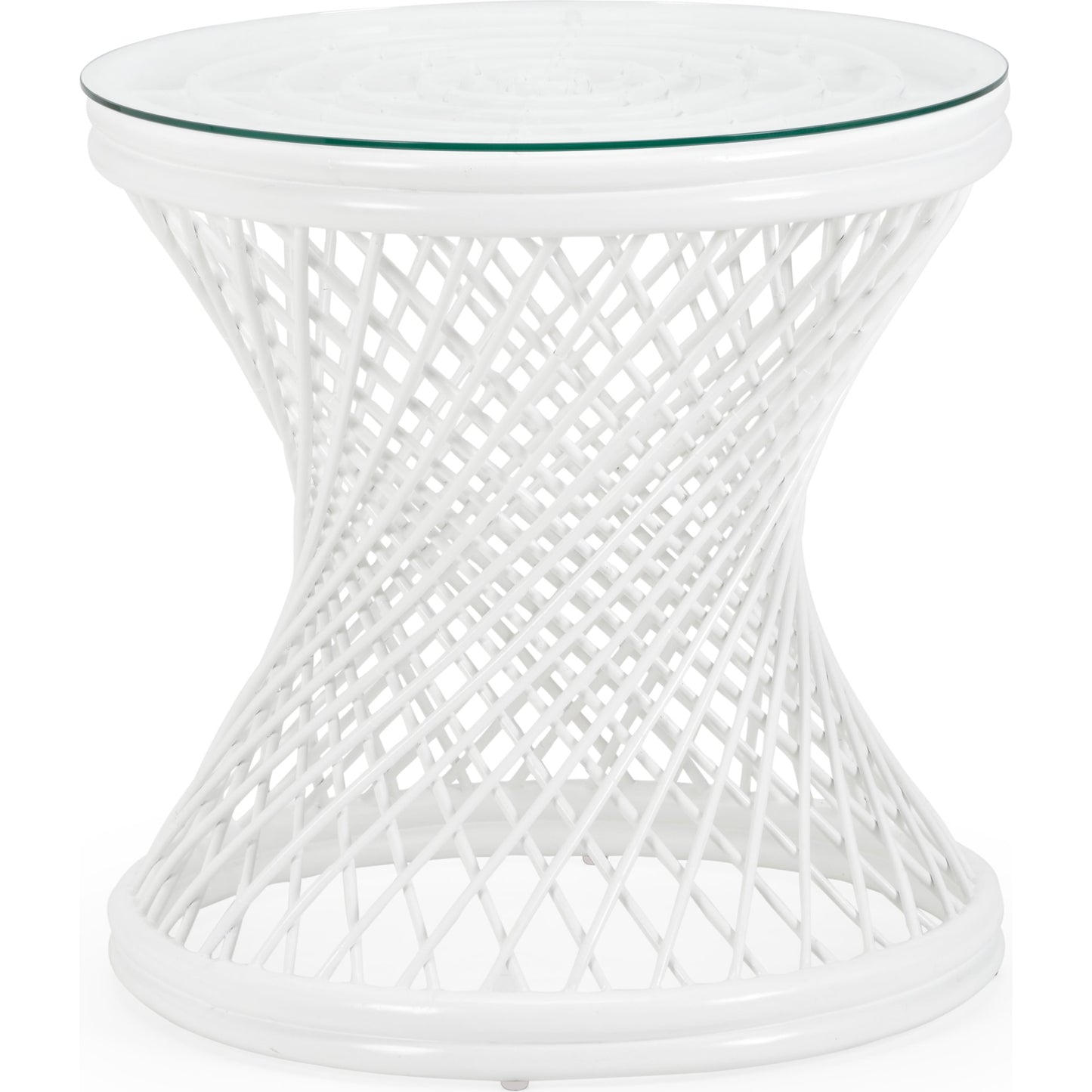 001 SR-782584 | Primary Silo | Rattan Side Table by Chelsea House in matte white, clear, plain. Made from rattan, glass in a coastal style.