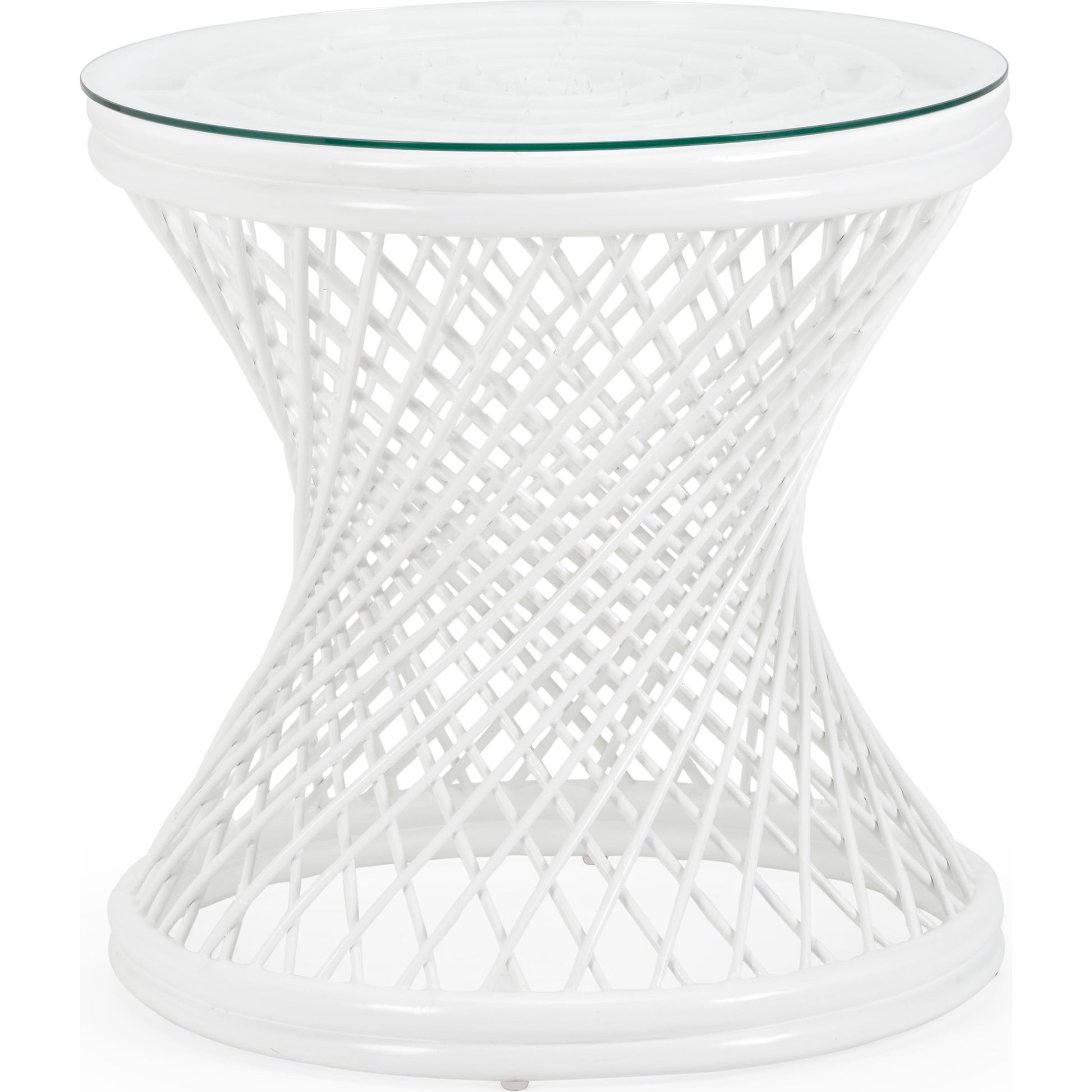 Rattan Side Table by Chelsea House in matte white, clear, plain. Made from rattan, glass in a coastal style.