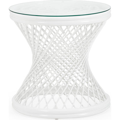 Rattan Side Table by Chelsea House in matte white, clear, plain. Made from rattan, glass in a coastal style.