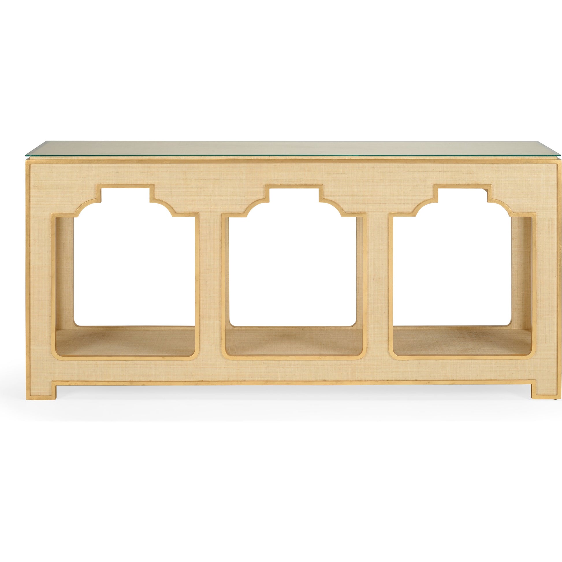 Yangan Console by Chelsea House in white. Made from raffia, wood, glass in a transitional style.