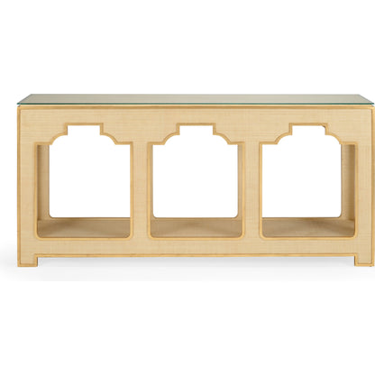 Yangan Console by Chelsea House in white. Made from raffia, wood, glass in a transitional style.