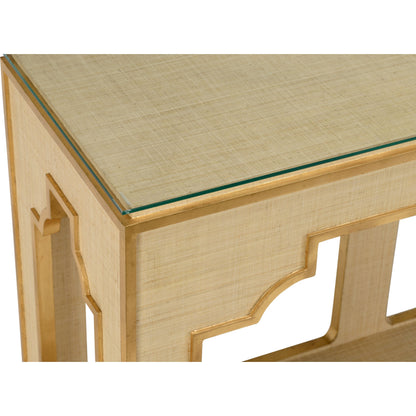 Yangan Console by Chelsea House in white. Made from raffia, wood, glass in a transitional style.