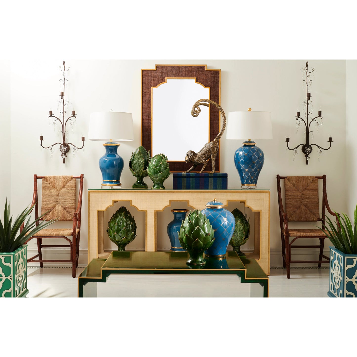 004 SR-837055 | Additional Silo | Yangan Console by Chelsea House in white. Made from raffia, wood, glass in a transitional style.