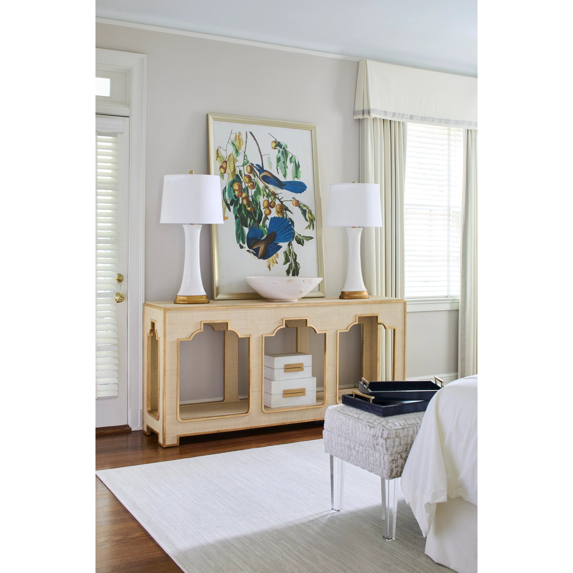 Yangan Console by Chelsea House in white. Made from raffia, wood, glass in a transitional style.