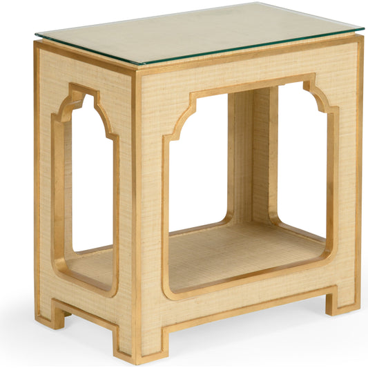 Yangan Side Table by Chelsea House in cream, gold leaf, clear. Made from raffia, wood, glass in a transitional style.