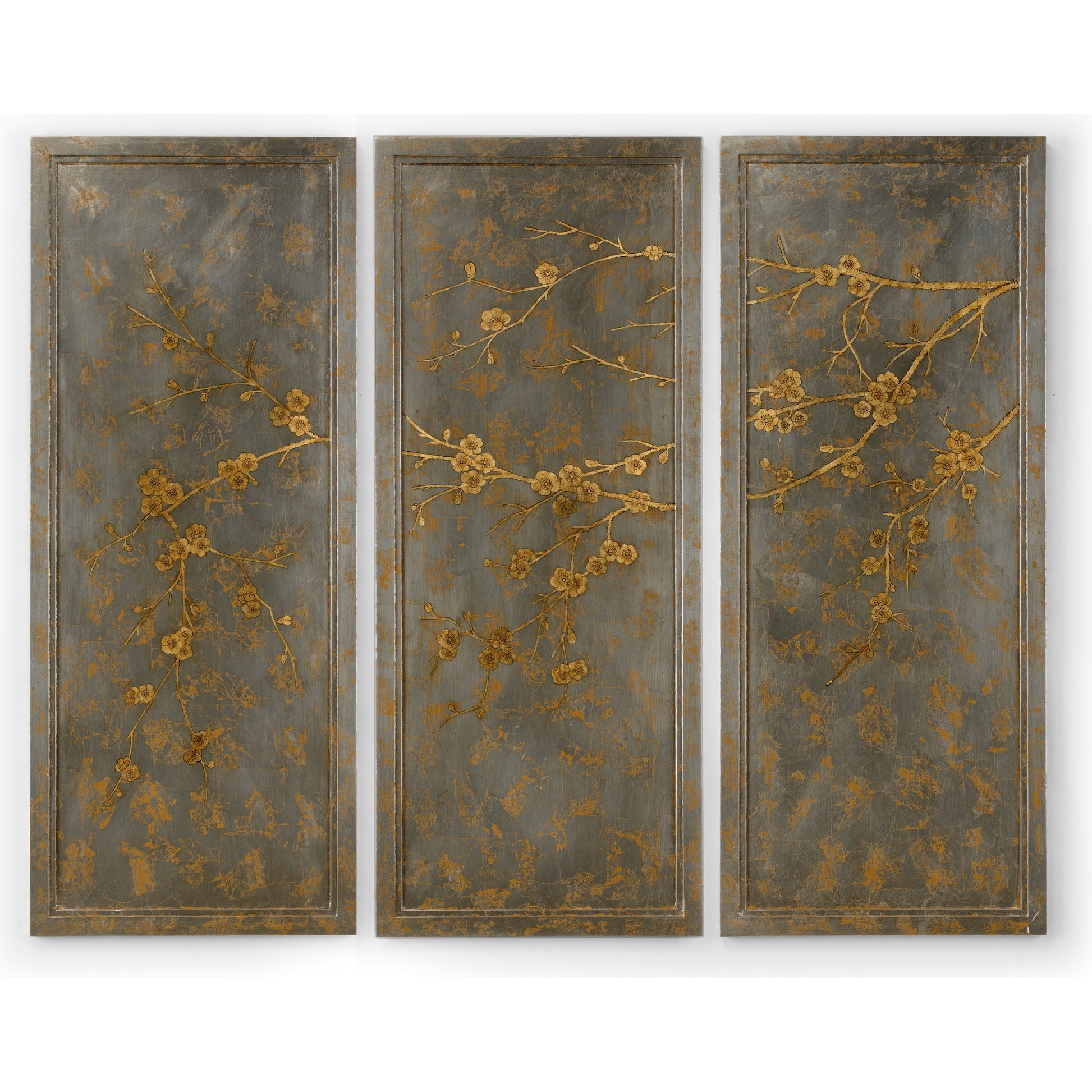 Cherry Blossom Panels by Chelsea House in hand painted, antique silver leaf. Made from wood in a eclectic & global style.