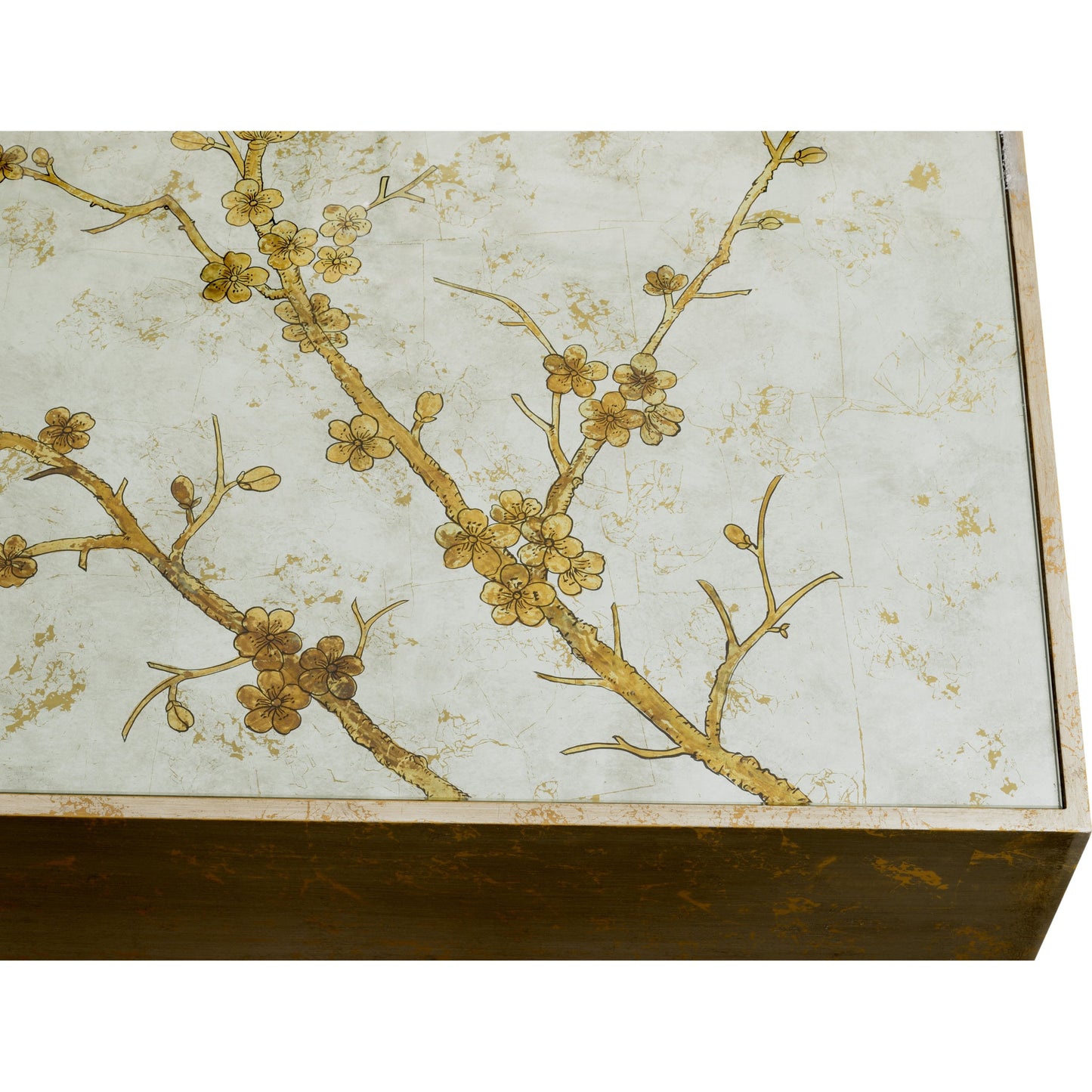 003 SR-836875 | Closeup | Cherry Blossom Cocktail Table by Chelsea House in hand painted, silver leaf, clear. Made from wood, glass in a transitional style.