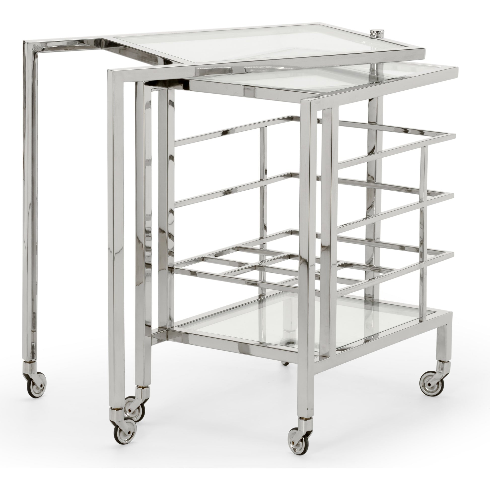 Rankin Bar Cart by Chelsea House in polished nickel, clear. Made from metal, glass in a modern style.