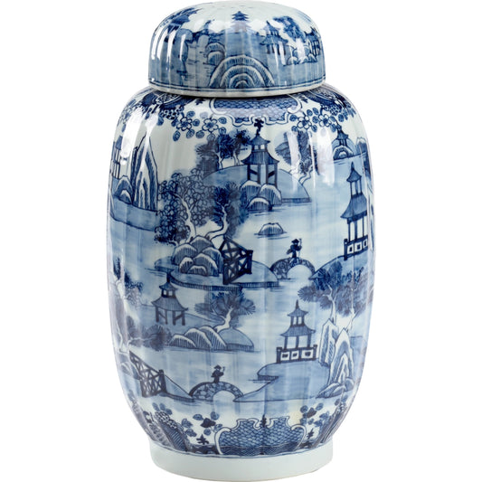 Lidded Spencer Vase by Chelsea House in blue, white. Made from porcelain in a transitional style.
