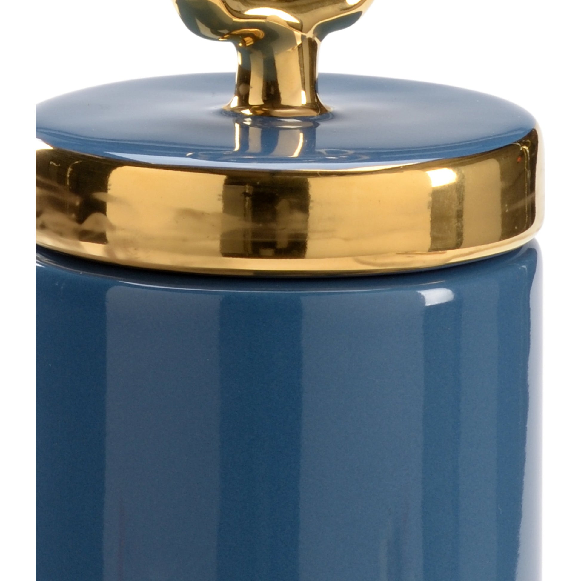 French Blue Lidded Jar by Chelsea House in french blue glaze, metallic gold. Made from ceramic in a modern style.