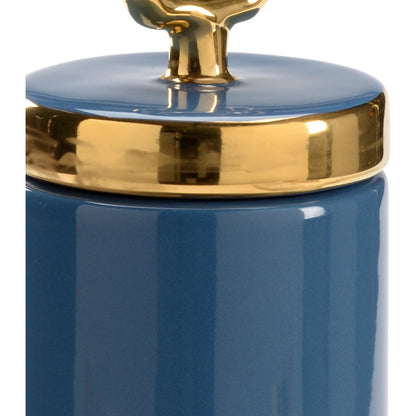French Blue Lidded Jar by Chelsea House in french blue glaze, metallic gold. Made from ceramic in a modern style.