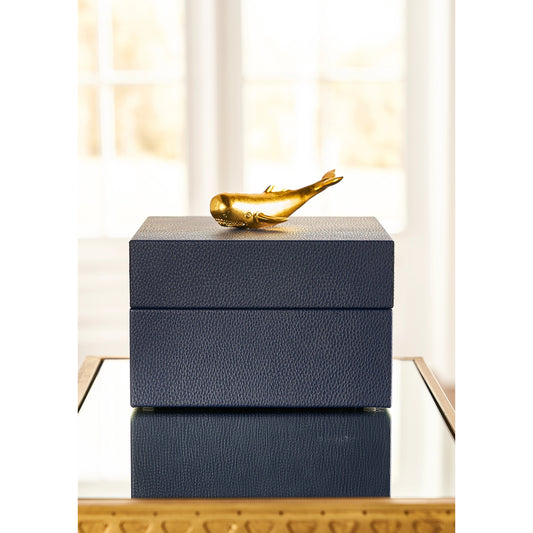 William Whale Box by Chelsea House in blue, gold. Made from leathette/composite in a coastal style.