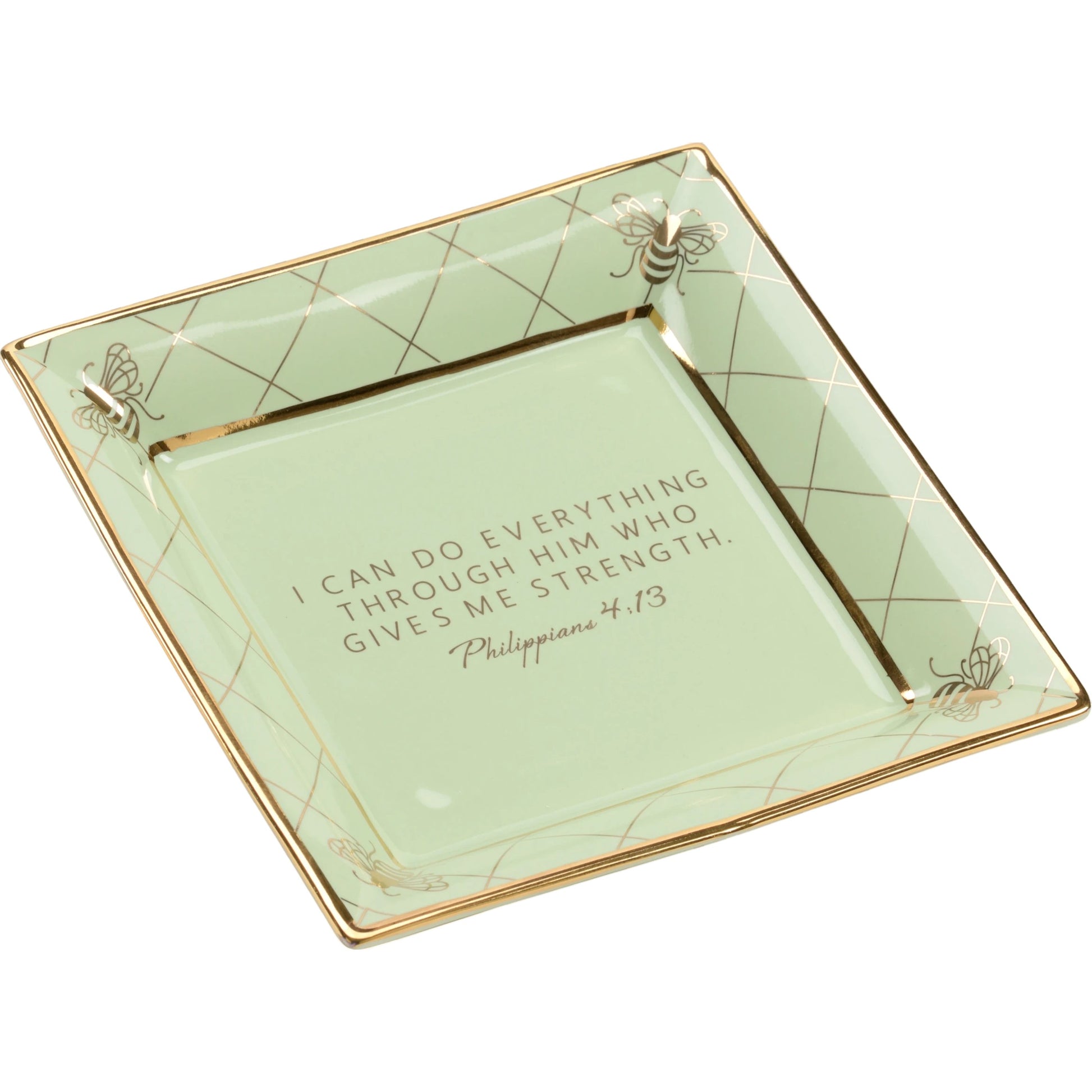 Square Bee Verse Plate by Chelsea House in white glaze, metallic gold. Made from ceramic in a modern style.