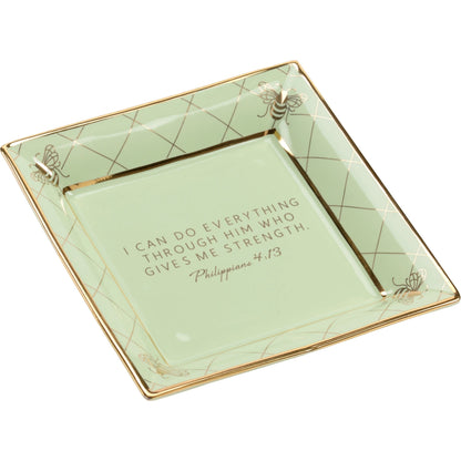 Square Bee Verse Plate by Chelsea House in white glaze, metallic gold. Made from ceramic in a modern style.