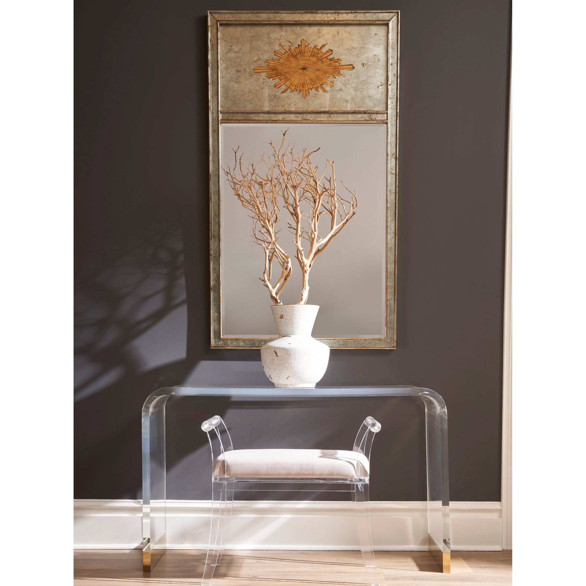 Neoclassic Acrylic Bench by Chelsea House in clear, taupe. Made from acrylic/muslin in a modern style.