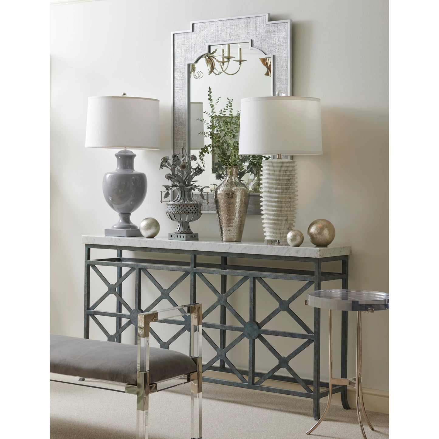004 SI-2105346 | Lifestyle | Master Suite Bench by Chelsea House in clear, polished nickel, gray. Made from acrylic/steel/velour in a modern style.