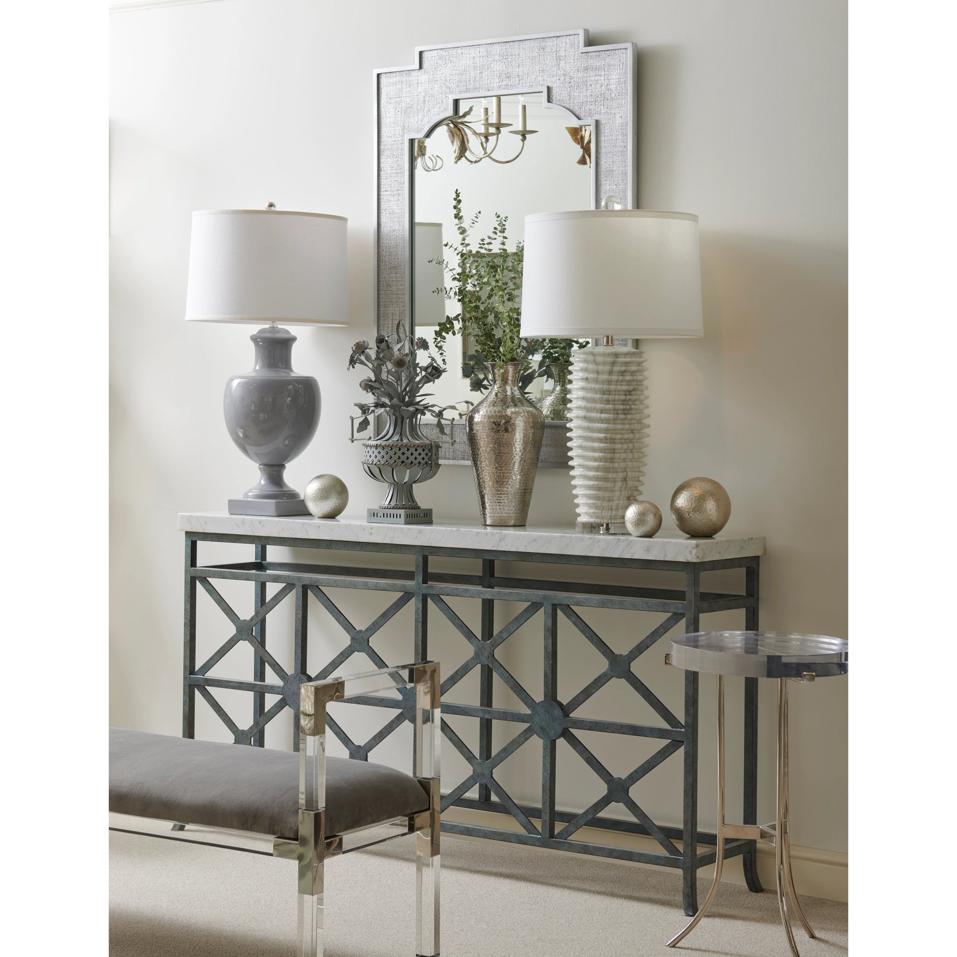 Master Suite Bench by Chelsea House in clear, polished nickel, gray. Made from acrylic/steel/velour in a modern style.
