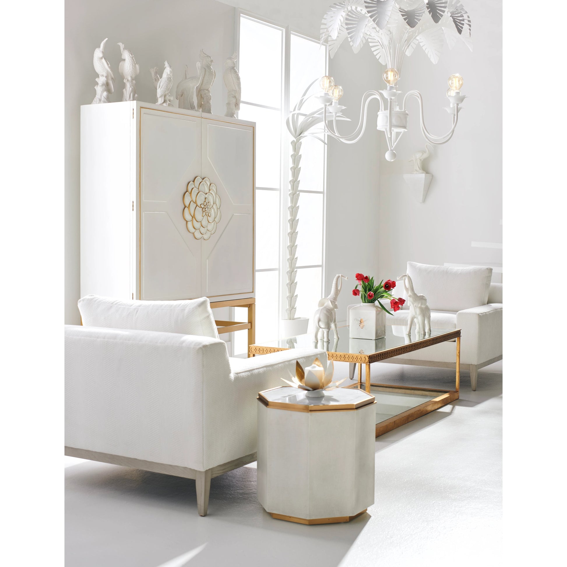 Copas Cocktail Table by Chelsea House in clear, beveled, plain, metallic satin gold. Made from mirror/glass in a modern style.