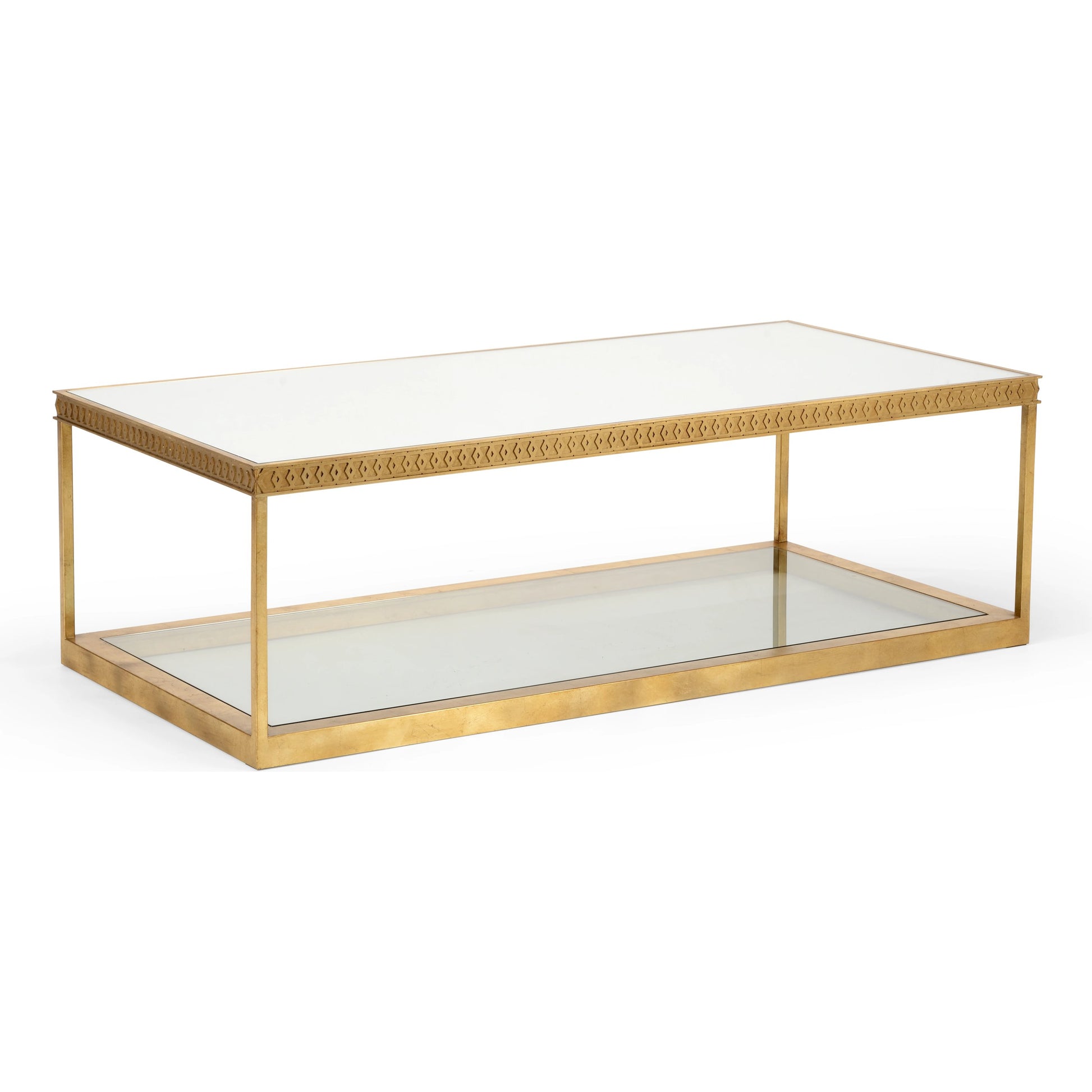 Copas Cocktail Table by Chelsea House in clear, beveled, plain, metallic satin gold. Made from mirror/glass in a modern style.