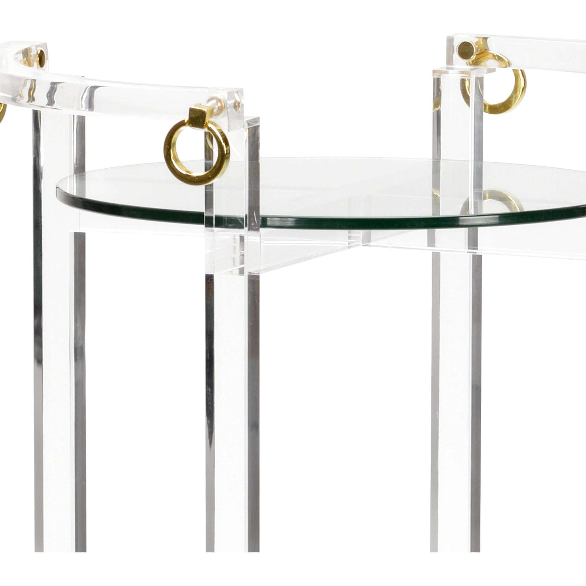 Milton Pedestal by Chelsea House in clear, beveled, polished brass. Made from acrylic/tempered glass/iron in a modern style.