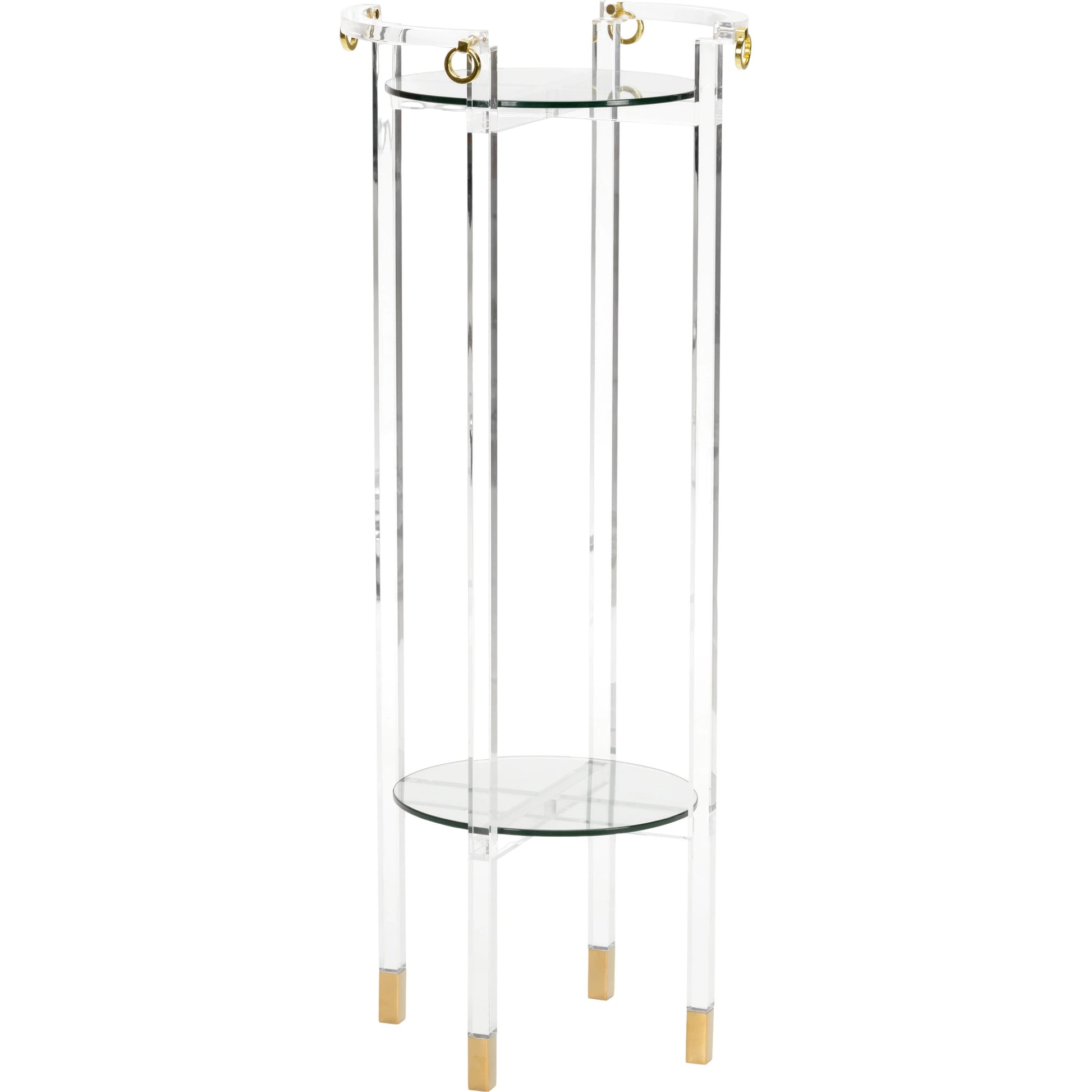 Milton Pedestal by Chelsea House in clear, beveled, polished brass. Made from acrylic/tempered glass/iron in a modern style.