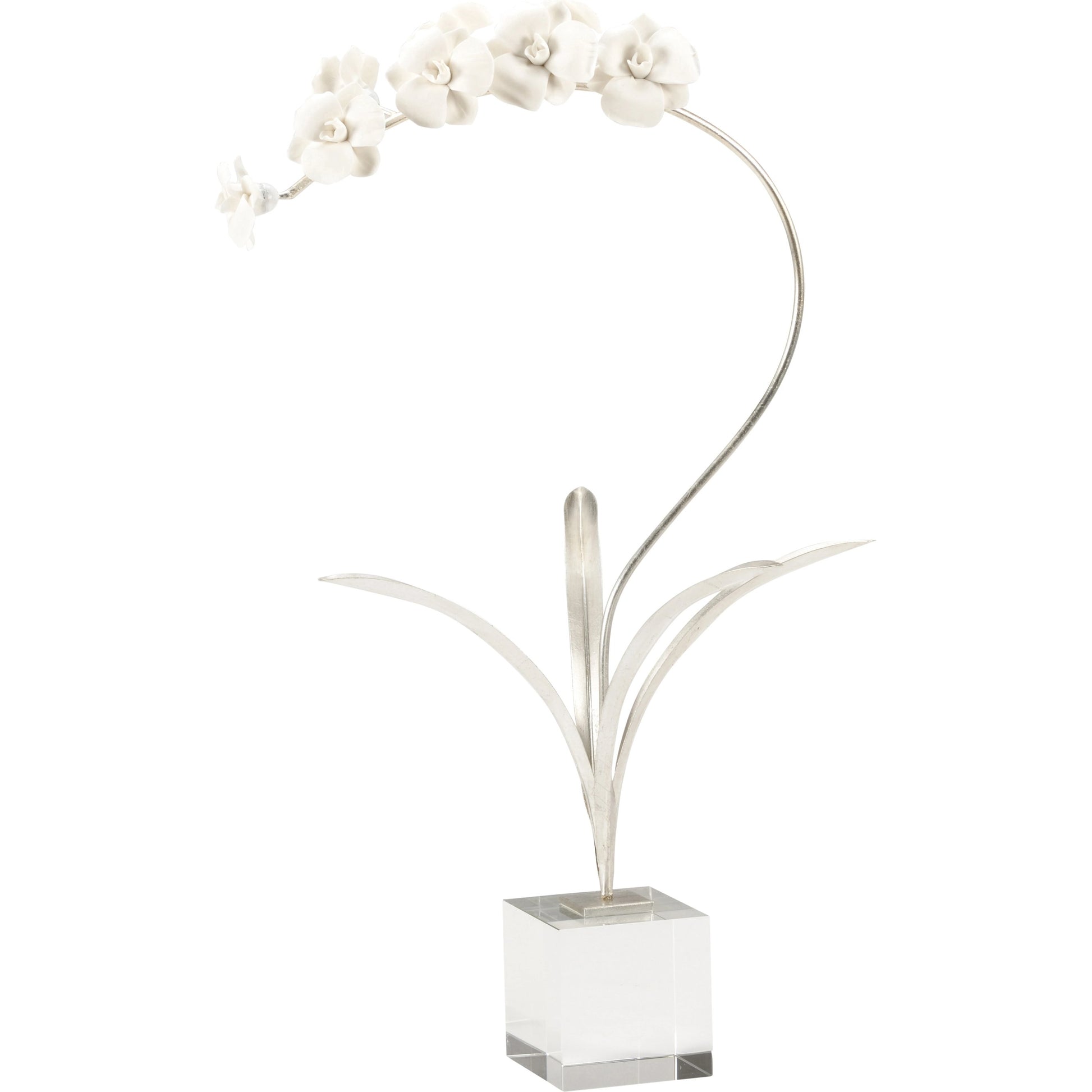 Orchid on Stand by Chelsea House in silver leaf, matte white, clear. Made from iron/porcelain in a modern style.