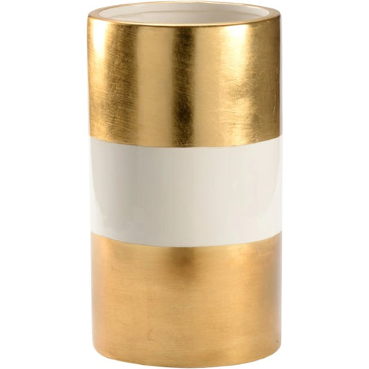 Banded Vase by Chelsea House in white glaze, antique gold leaf. Made from unique in a modern style.