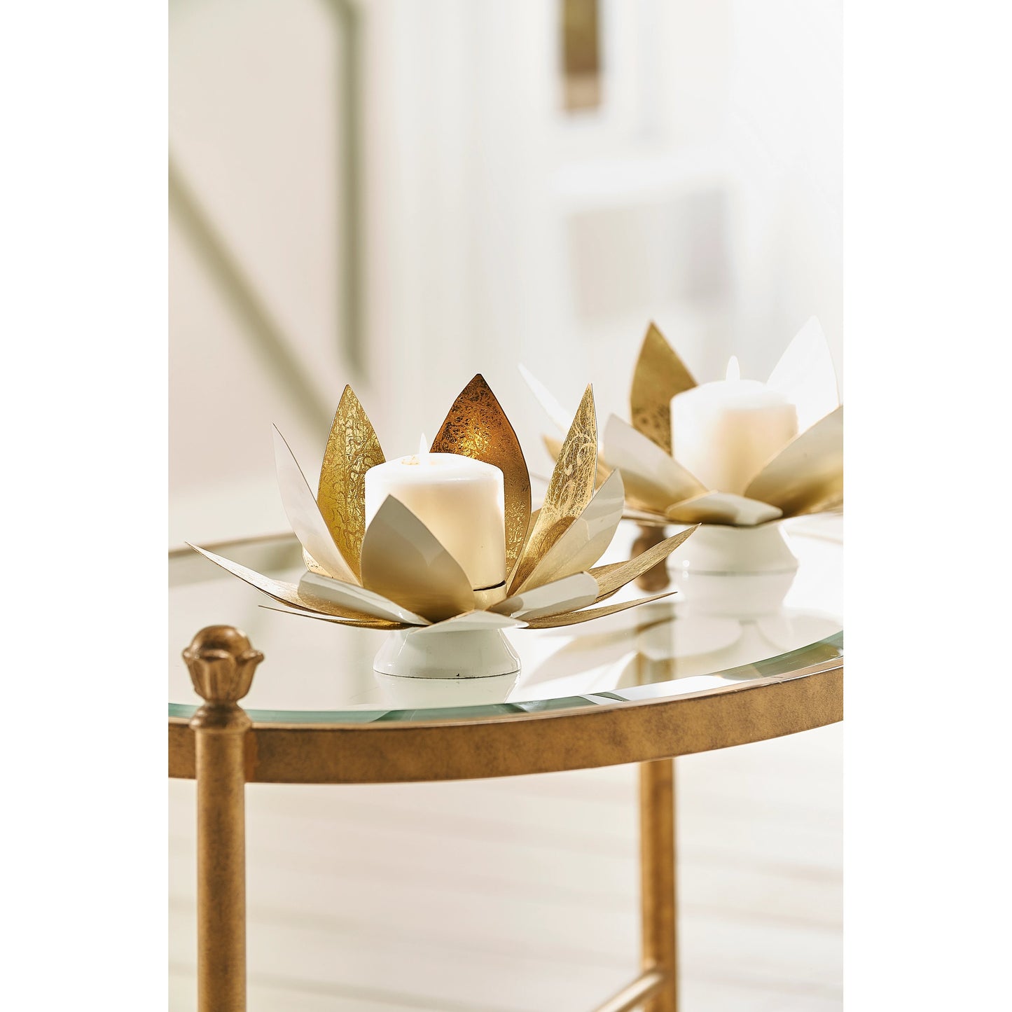 002 SI-2105416 | Lifestyle | Lotus Candleholders (Set of 2) by Chelsea House in white lacquer, gold leaf. Made from steel in a modern style.