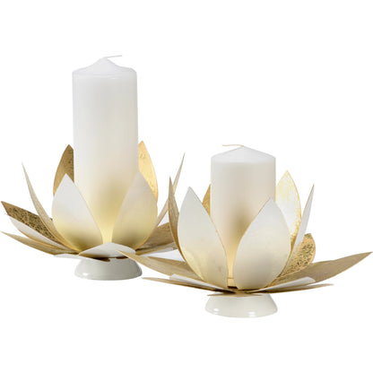 Lotus Candleholders (Set of 2) by Chelsea House in white lacquer, gold leaf. Made from steel in a modern style.