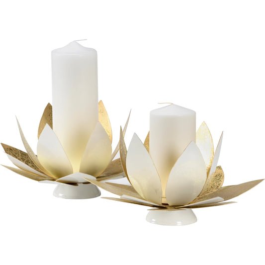 Lotus Candleholders (Set of 2) by Chelsea House in white lacquer, gold leaf. Made from steel in a modern style.
