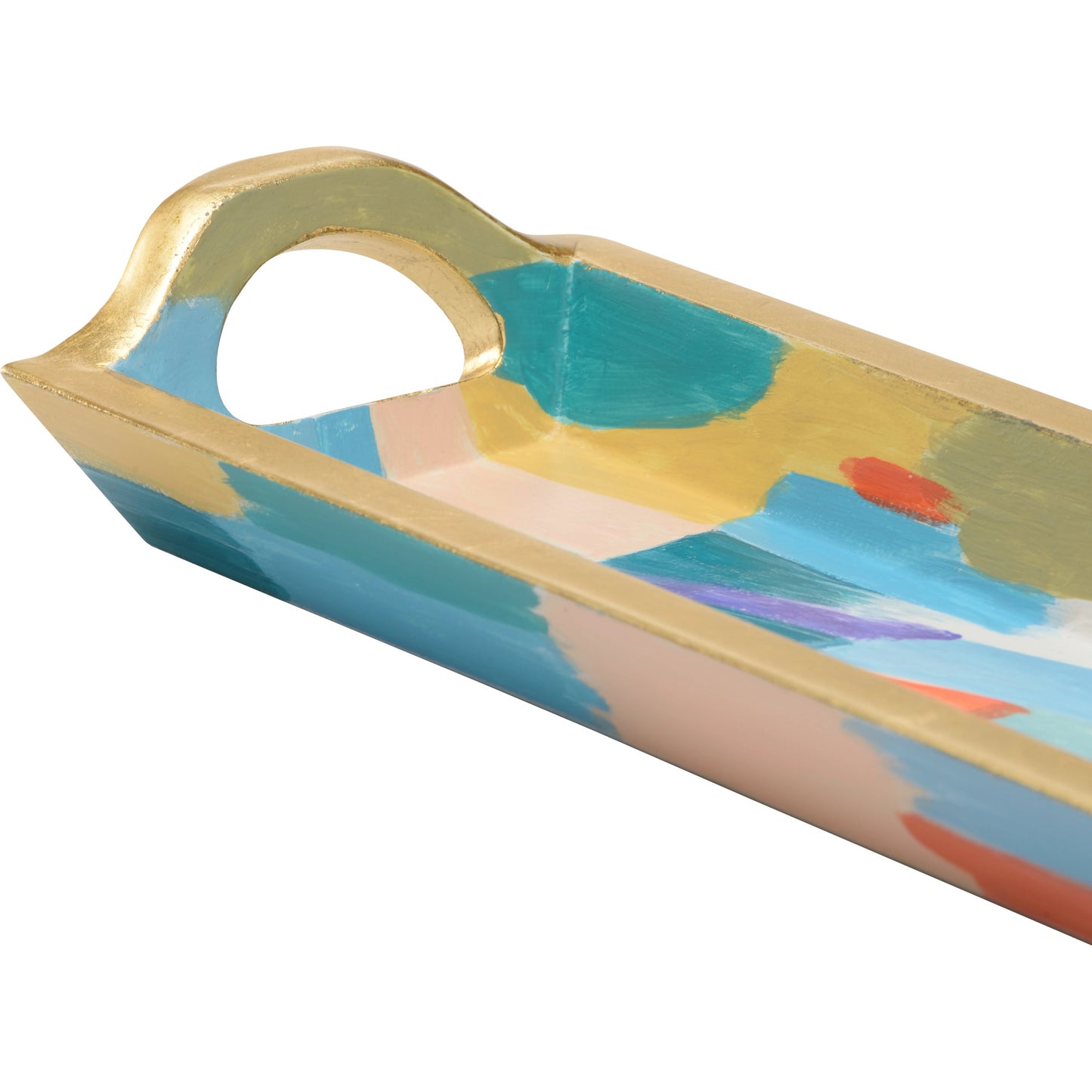 005 SI-2105444 | Closeup | Rosie Tray by Chelsea House in hand painted, antique gold leaf. Made from wood in a modern style.