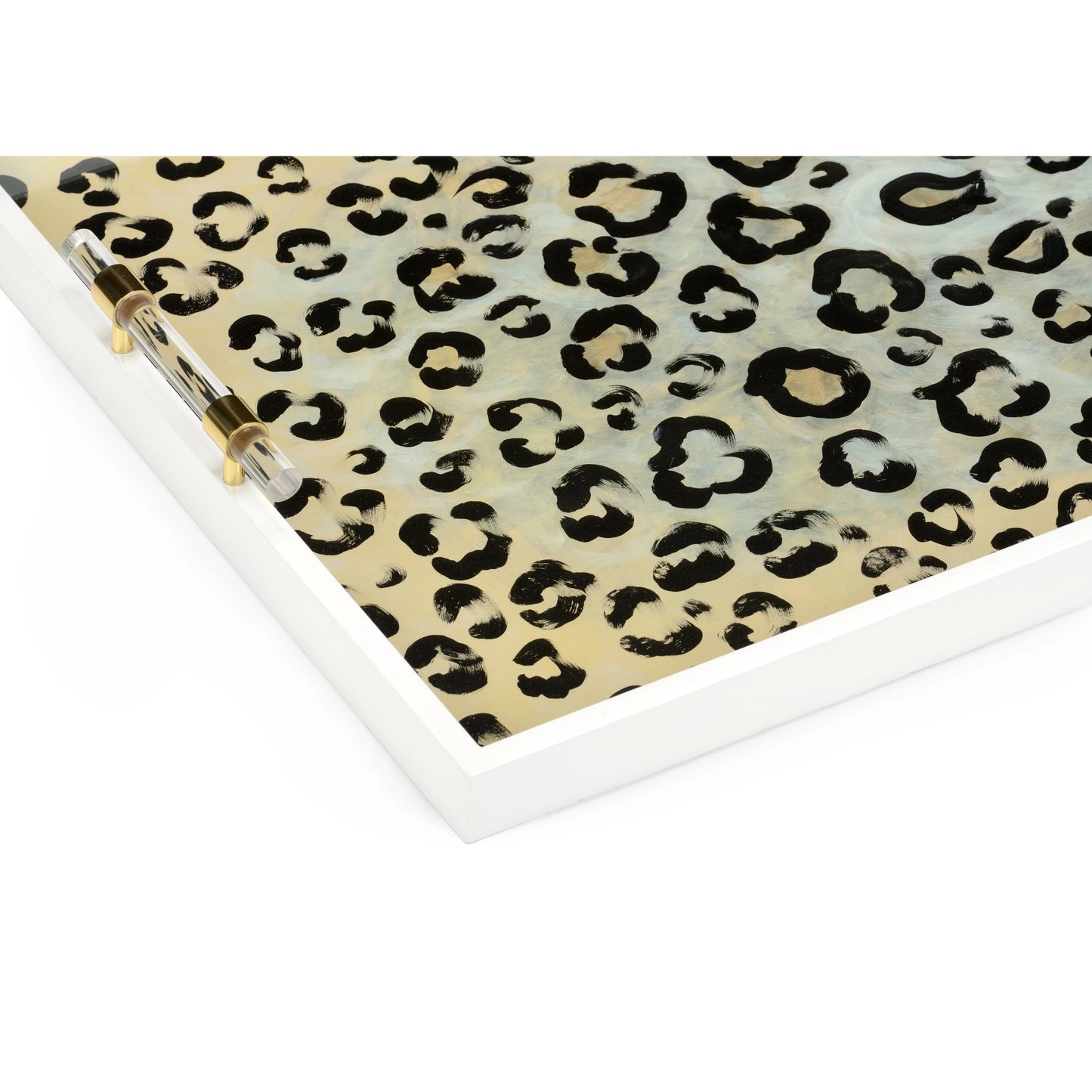 003 SI-2105446 | Closeup | Leopard Patterned Tray by Chelsea House in white, leopard, clear, polished. Made from wood/glass/acrylic/brass in a modern style.