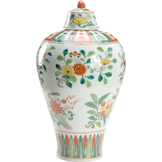 Gainborough Vase by Chelsea House in green, red, yellow. Made from ceramic in a transitional style.