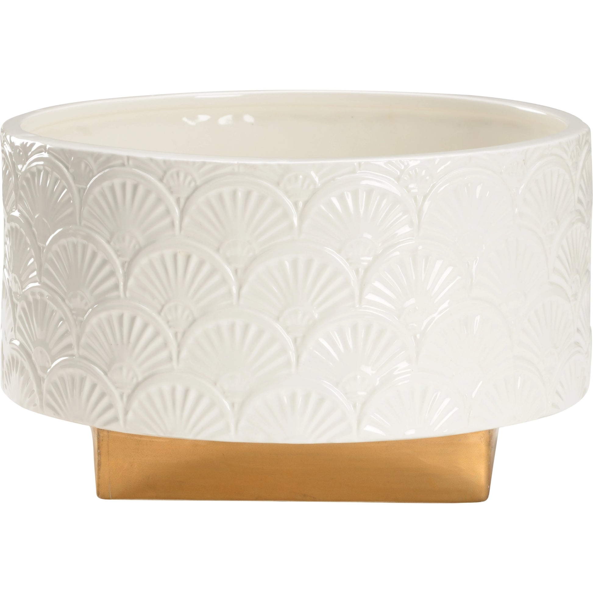 Deco Fan Cachepot with Gold Base by Chelsea House in white glaze, metallic gold. Made from ceramic in a modern style.