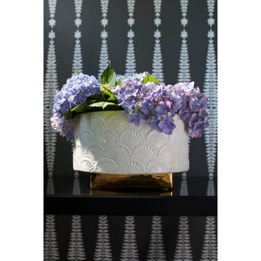 Deco Fan Cachepot with Gold Base by Chelsea House in white glaze, metallic gold. Made from ceramic in a modern style.