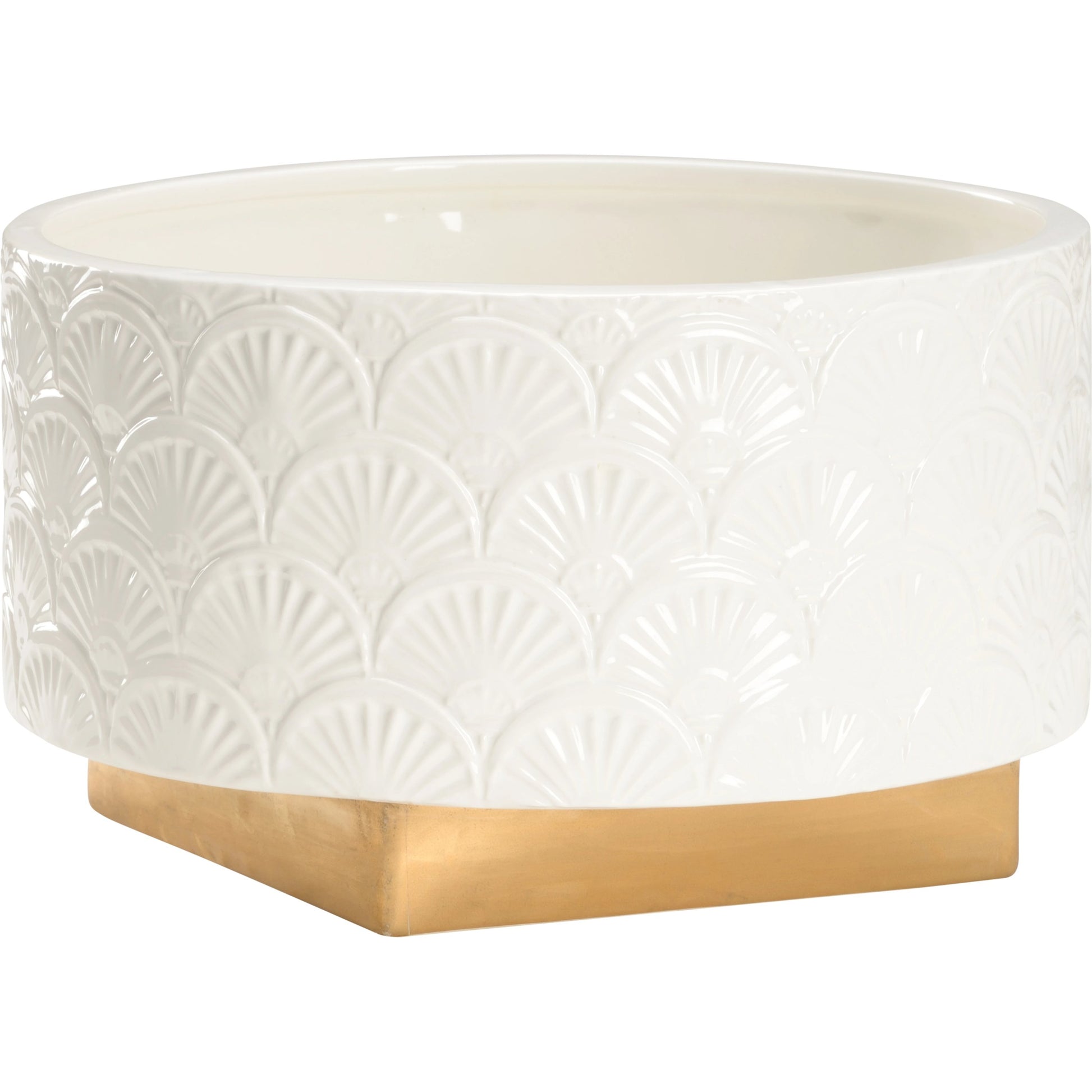 Deco Fan Cachepot with Gold Base by Chelsea House in white glaze, metallic gold. Made from ceramic in a modern style.