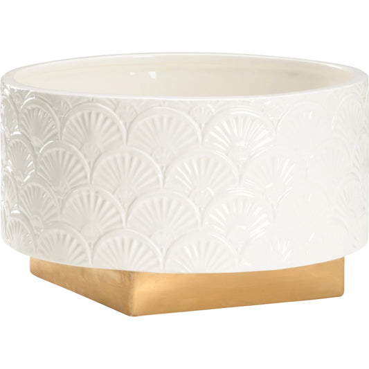Deco Fan Cachepot with Gold Base by Chelsea House in white glaze, metallic gold. Made from ceramic in a modern style.